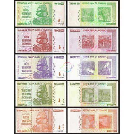 Zimbabwe 1, 5, 10, 20, 50 Billion Dollars Set, 2008, P-83, 84, 85, 86, 87, XF-AU