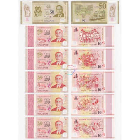 Singapore 50 Dollars & 10 Dollars X 5 PCS Set 6 PCS, SG50 Commemorative, 2015, Polymer, P56-61, UNC