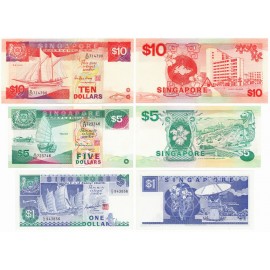 Singapore 1, 5, 10 Dollars Set, 1987-89, P-18a, 19, 20, UNC