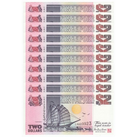 Singapore 2 Dollars X 10 PCS, 1992, P-28, UNC