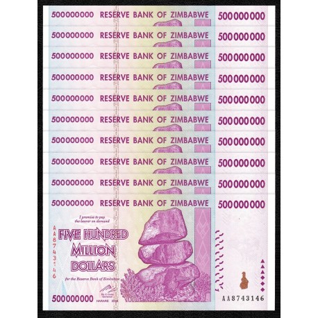 Zimbabwe 500 Million Dollars X 10 PCS, P-82, 2008, UNC