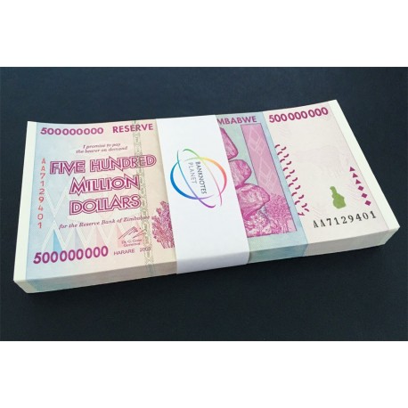 Zimbabwe 500 Million Dollars X 100 PCS, Full Bundle, P-82, 2008, UNC
