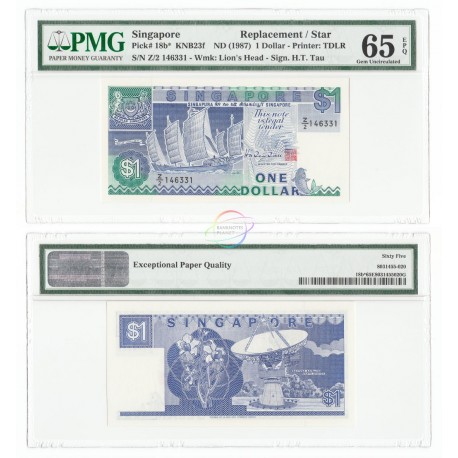 Singapore 1 Dollar, Z/2 Replacement, Sign HTT, 1987, P-18b, PMG 65 EPQ UNC