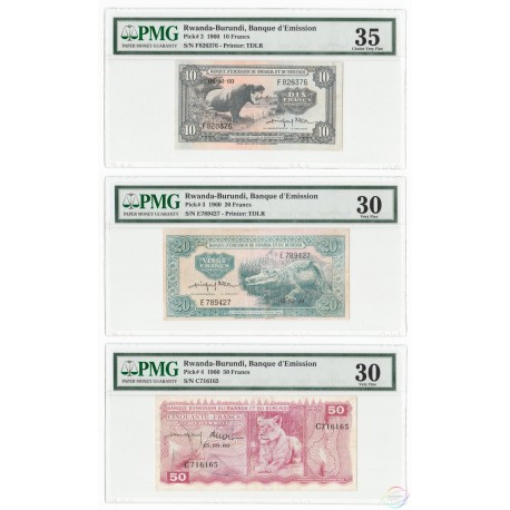 Rwanda-Burundi 10, 20, 50 Francs Set 3 PCS, 1960, P-2, 3, 4, PMG 30 35 VF