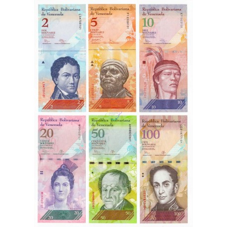 Venezuela 2, 5, 10, 20, 50, 100 Bolivares Set 6 PCS, P-88-93, 2007-15, UNC