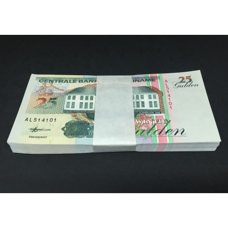 Suriname 25 Gulden X 100 PCS, Full Bundle, 1998, P-138, UNC