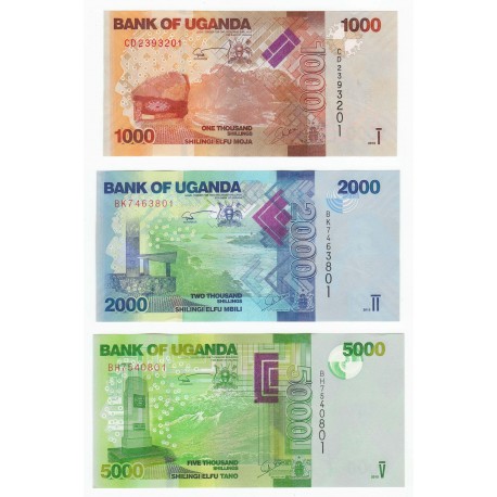 Uganda 1000, 2000, 5000 Shillings Set 3 PCS, 2015, P-49 50 51, UNC