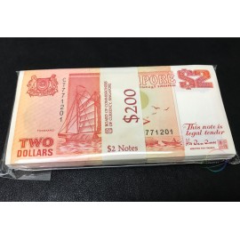 Singapore 2 Dollars X 100 PCS, Full Bundle, 1990, P-27, UNC
