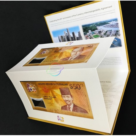 Singapore Brunei 50 Dollars & 50 Ringgit w/FOLDER, Commemorative, 2017, P-38, 62, Polymer, UNC