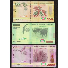Burundi 500, 1000, 2000 Francs Set, 2015, P-50, 51, 52, UNC