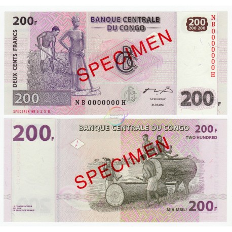 Congo D.R. 200 Francs, Specimen, 2007, P-99s, UNC