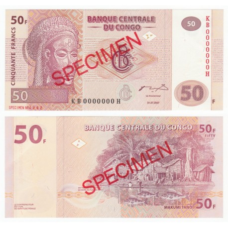 Congo D.R. 50 Francs, Specimen, 2007, P-97s, UNC