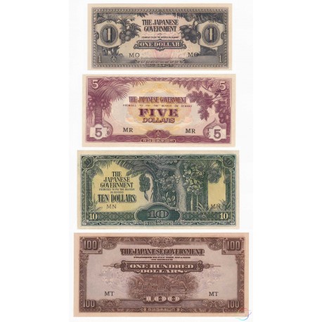 Malaya 1, 5, 10, 100 Dollars Set 4 PCS, 1942-1945, P-M5c, M6c, M7b, M8a, AU-UNC