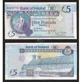 Northern Ireland 5 Pounds, AA Prefix, Low Serial, 2013, P-86, UNC