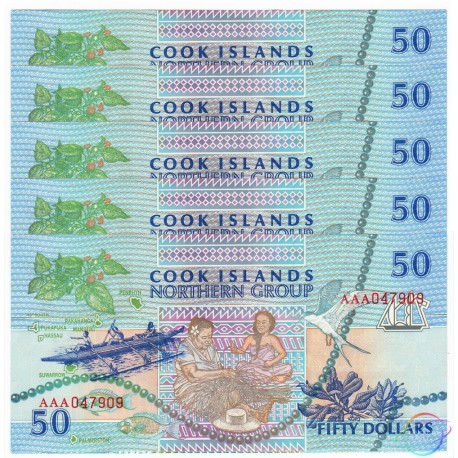 Cook Islands 50 Dollars X 5 PCS, AAA Prefix, 1992, P-10, UNC