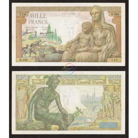 France 1,000 Francs, 1942, P-102, AUNC W/H