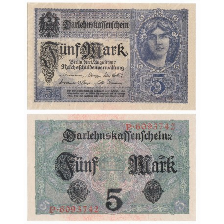 Germany 5 Mark, 7 Digit Serial, 1917, P-56a, AU