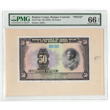 Belgian Congo 50 Francs, ND 1952, P-24, Proof, PMG 66 EPQ UNC
