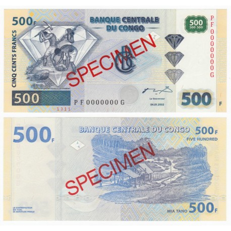 Congo D.R. 500 Francs, Specimen, 2002, P-96s, UNC