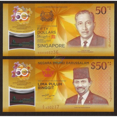 Singapore Brunei 50 Dollars & 50 Ringgit Set 2 PCS, Commemorative, 2017, P-38, 62, Polymer, UNC