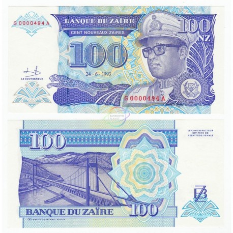 Zaire 100 Nouveaux Zaires, 1993, P-58a, Low Serial, UNC
