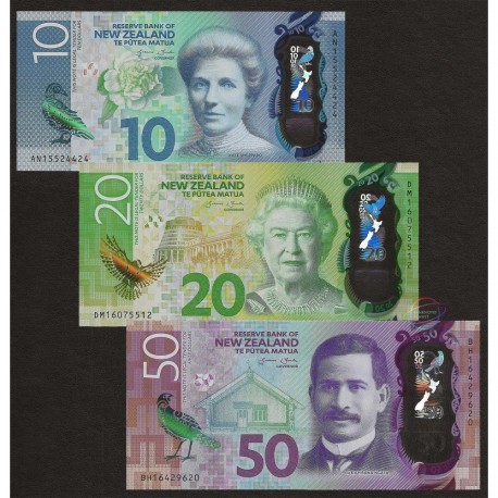 New Zealand 10 20 50 Dollars Set 3 PCS, 2015 2016, P-192 193 194, Polymer, UNC