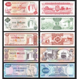Guyana 1, 5, 10, 20, 100 Dollars Set 5 PCS, 1983 1989, P-21 22 23 27 28, UNC