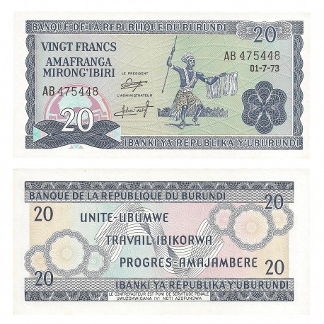  Burundi 20 Francs, 1973, P-21b, UNC 