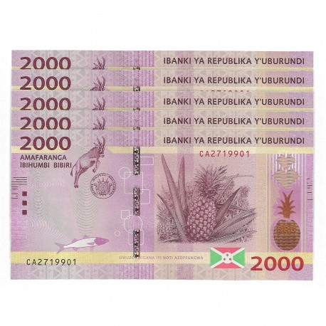 Burundi 2,000 Francs X 5 PCS, 2015, P-52, UNC