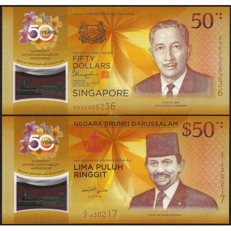 Singapore Brunei 50 Dollars & 50 Ringgit Set 2 PCS, Commemorative, 2017, P-38, 62, Polymer, UNC