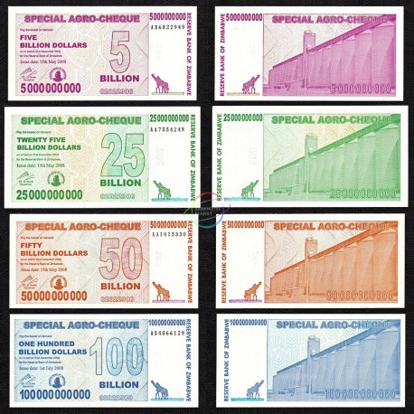 Zimbabwe 5, 25, 50, 100 Billion Dollars Set, Bearer Cheque, 2008, P-61, 62, 63, 64, UNC