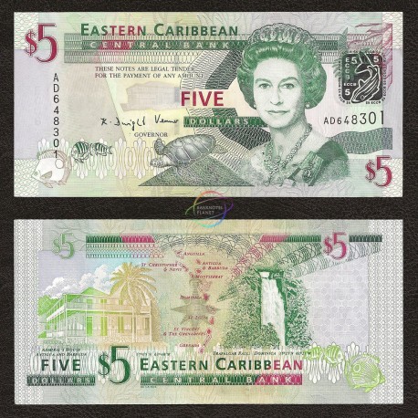 East Caribbean 5 Dollars, QE II, 2008, P-47, UNC
