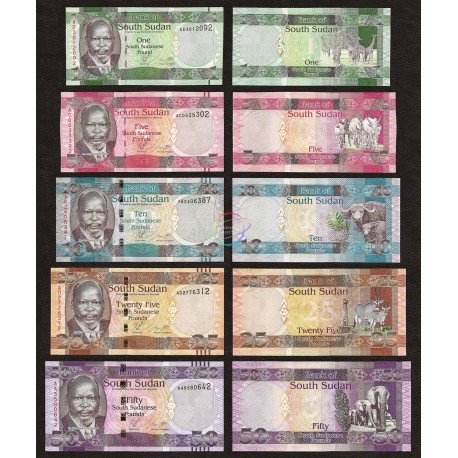 South Sudan 1, 5, 10, 25, 50 Pounds Set 5 PCS, 2011, P-5, 6, 7, 8, 9, UNC